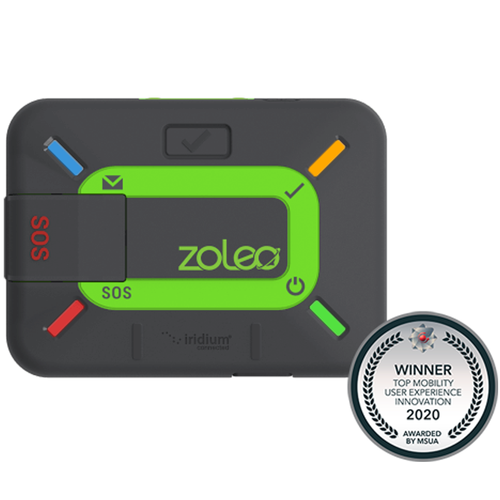 ZOLEO Global Satellite Communicator on a white background with awards