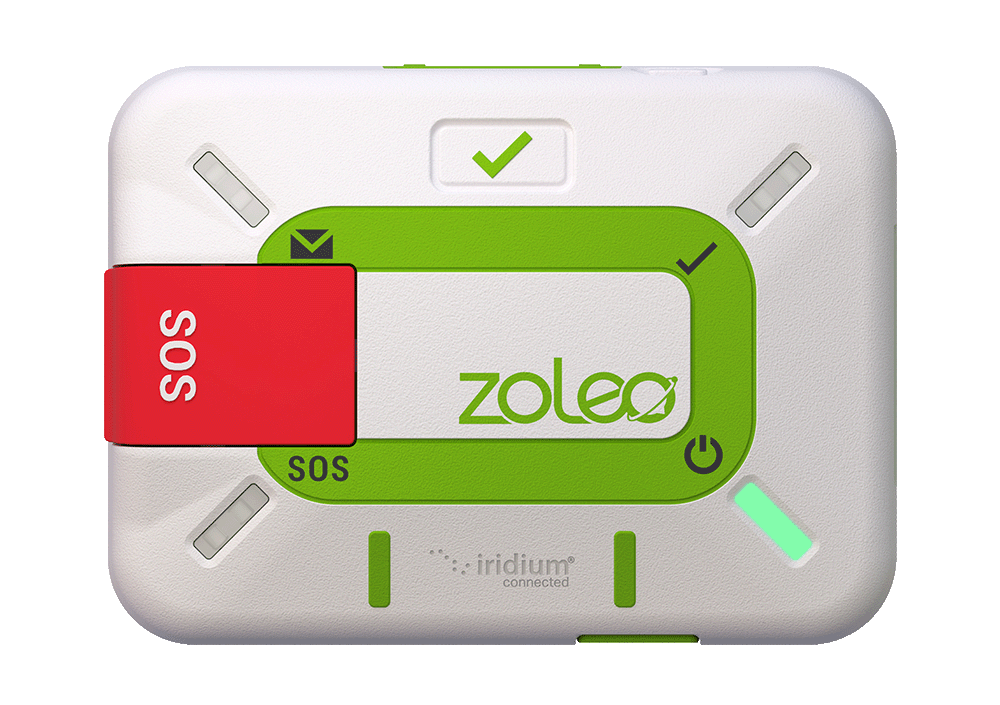 Front view of the white ZOLEO satellite communicator with green status LED